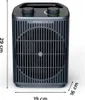 A dark blue Rowenta electric fan heater is shown against a white background, with dimensions indicated by lines and text. Anteprima dell’immagine prodotto