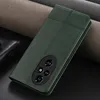 A dark green leather phone case with a camera cutout is shown on a dark background with textured fabric elements. Produktbild-Vorschau