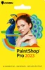 A marketing image for Corel PaintShop Pro 2023 software, featuring a woman and a peacock. Produktbild-Vorschau