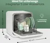 A compact dishwasher with its door open, showing the interior basket filled with dishes. Dimensions are indicated with lines and text. Produktbild-Vorschau