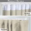 Close-up views of a beige fabric room divider curtain, showing the top attachment mechanism and the front and back of the fabric. Produktbild-Vorschau