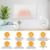 A living room scene with a sofa, plant, and a wall-mounted heating panel, accompanied by feature icons and a remote control. Produktbild-Vorschau
