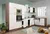 A modern kitchen with white cabinets and wood accents, featuring integrated appliances and a window. Produktbild-Vorschau