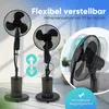 Two black standing fans are shown, one in the foreground and one in the background, with text overlays highlighting features. Voir les images du produit