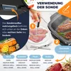 An infographic demonstrating how to use a food probe with a multi-cooker, showing different types of meat and their cooking levels. Produktbild-Vorschau