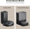 Two images of robot vacuum cleaners with their docking stations, side-by-side, with German text indicating compatibility. Produktbild-Vorschau