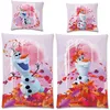 A collage of four images showing a bedding set with Olaf from Frozen, surrounded by autumn leaves. Produktbild-Vorschau
