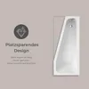 A bathtub is shown next to text describing its space-saving design. Produktbild-Vorschau