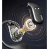 A cutaway view of an earbud showing its internal components and sound waves emanating from it. Produktbild-Vorschau