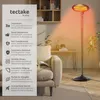A floor-standing infrared heater is shown in a living room setting, with text detailing its features on the left side. Produktbild-Vorschau