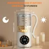 A soy milk maker is shown with measurements and feature text. Voir les images du produit