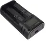 A black battery charger with two battery slots and an LCD screen. Produktbild-Vorschau