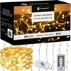 The image shows the packaging of a set of LED string lights, along with the lights themselves, a USB connector, and a remote control. Anteprima dell’immagine prodotto