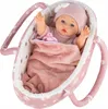 A baby doll in a pink carrier with a blanket and pacifier. Produktbild-Vorschau