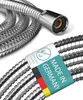 A close-up of a silver, flexible shower hose with a label indicating it is made in Germany and has double twist protection. Podgląd zdjęcia produktu