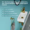 A small white sink with a gold faucet is mounted on a teal wall, with a gold towel ring and gray towel below it. Text overlays describe the product's features. Anteprima dell’immagine prodotto