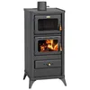 A dark gray wood-burning stove with a glass door showing a fire, a glass door above it, and a drawer at the bottom. Produktbild-Vorschau