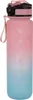 A gradient pink and blue water bottle with time markings and a black lid. Produktbild-Vorschau
