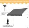 A dark gray awning is shown with supporting poles and text describing its features. Produktbild-Vorschau