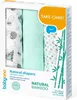A product box containing three rolled-up baby diapers with different patterns. Produktbild-Vorschau