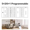 A table showing programmable thermostat settings and a living room scene. Produktbild-Vorschau