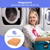 A woman is doing laundry next to washing machines, with a product detail overlay in the foreground. Produktbild-Vorschau