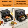 A split image showing an air fryer with food inside, with text overlays describing its features. Produktbild-Vorschau