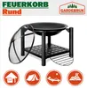 A black round fire pit with a mesh cover and a lower shelf, presented with marketing text and icons. Produktbild-Vorschau