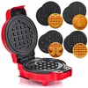 A red mini waffle maker with several interchangeable plates for different waffle shapes, along with examples of finished waffles in heart, pumpkin, and gingerbread shapes. Produktbild-Vorschau
