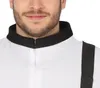 Close-up of a person wearing a white garment with a black collar and a black strap. Produktbild-Vorschau
