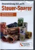 Rolled up euro banknotes are arranged in a pile, with text overlays indicating software for tax declaration. Produktbild-Vorschau