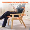A person sitting in a wooden chair, with text overlays highlighting ergonomic features. Náhľad obrázku produktu
