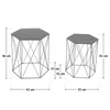 Two modern black hexagonal side tables with wire bases, shown with dimensions indicated by measurement lines and text. Produktbild-Vorschau