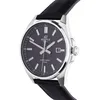 A close-up, angled view of a black Casio Edifice watch with a silver case and black leather strap, set against a white background. Voir les images du produit