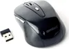 A black wireless computer mouse and its USB receiver are shown on a white background. Produktbild-Vorschau