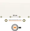 Diagram showing measurements and grommet details of a white fabric tarp. Produktbild-Vorschau
