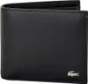 A black leather bi-fold wallet with a silver Lacoste crocodile logo on the bottom right corner. Produktbild-Vorschau