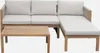 An outdoor sectional sofa and coffee table set made of wood with light gray cushions, presented against a white background. Produktbild-Vorschau