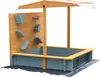A wooden sandbox with a canopy and water play features, set against a white background. Produktbild-Vorschau