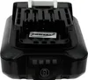 A black power tool battery with a white connector on top and a battery indicator on the front. Produktbild-Vorschau