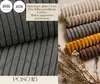 Close-up of cord fabric samples in various colors, with text overlay describing the material and product name. Náhled obrázku produktu