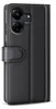 A black leather flip case for a smartphone is shown in a side profile against a white background. Produktbild-Vorschau