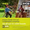 A split image showing two people using Ryobi and ONE+ power tools in different settings: one outdoors with a chainsaw, and one indoors with a drill. The bottom section features promotional text and warranty information. Produktbild-Vorschau