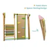 A wooden climbing set shown in two configurations: assembled and folded, with text overlays highlighting features. Produktbild-Vorschau