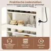 Close-up of a white shelving unit with various jars and bottles on shelves, featuring a built-in charging station with a power cord plugged in. The bottom section displays icons and text related to charging features. Voir les images du produit