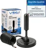 A product shot of a DVB-T2 antenna and its packaging, with certification information. Anteprima dell’immagine prodotto