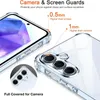 Close-up views of a transparent phone case highlighting its protective features for the screen and camera. Produktbild-Vorschau