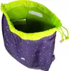 An open purple drawstring backpack with white speckles and a neon green lining. Produktbild-Vorschau