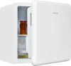 A white mini-refrigerator with its door open, showing two items inside. Produktbild-Vorschau