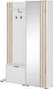 A white hallway wardrobe with wooden accents and a full-length mirror. Produktbild-Vorschau
